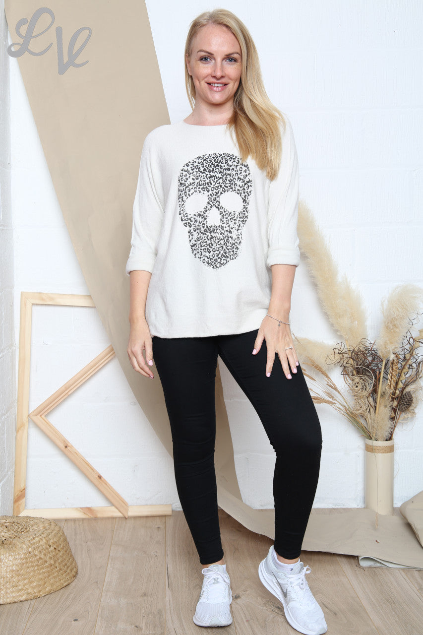 Dames Sequin Skull Fijne Gebreide Top Wit Stukprijs WAS €16,99 NU €8,99