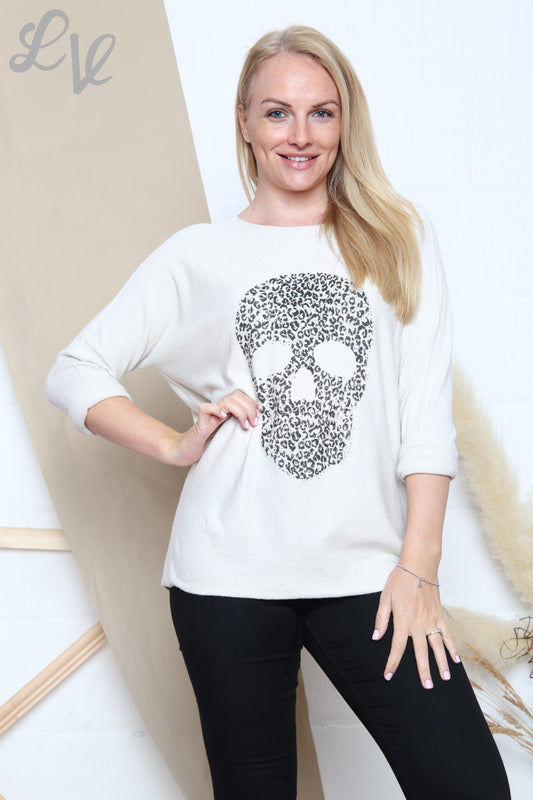 Dames Sequin Skull Fijne Gebreide Top Wit Stukprijs WAS €16,99 NU €8,99