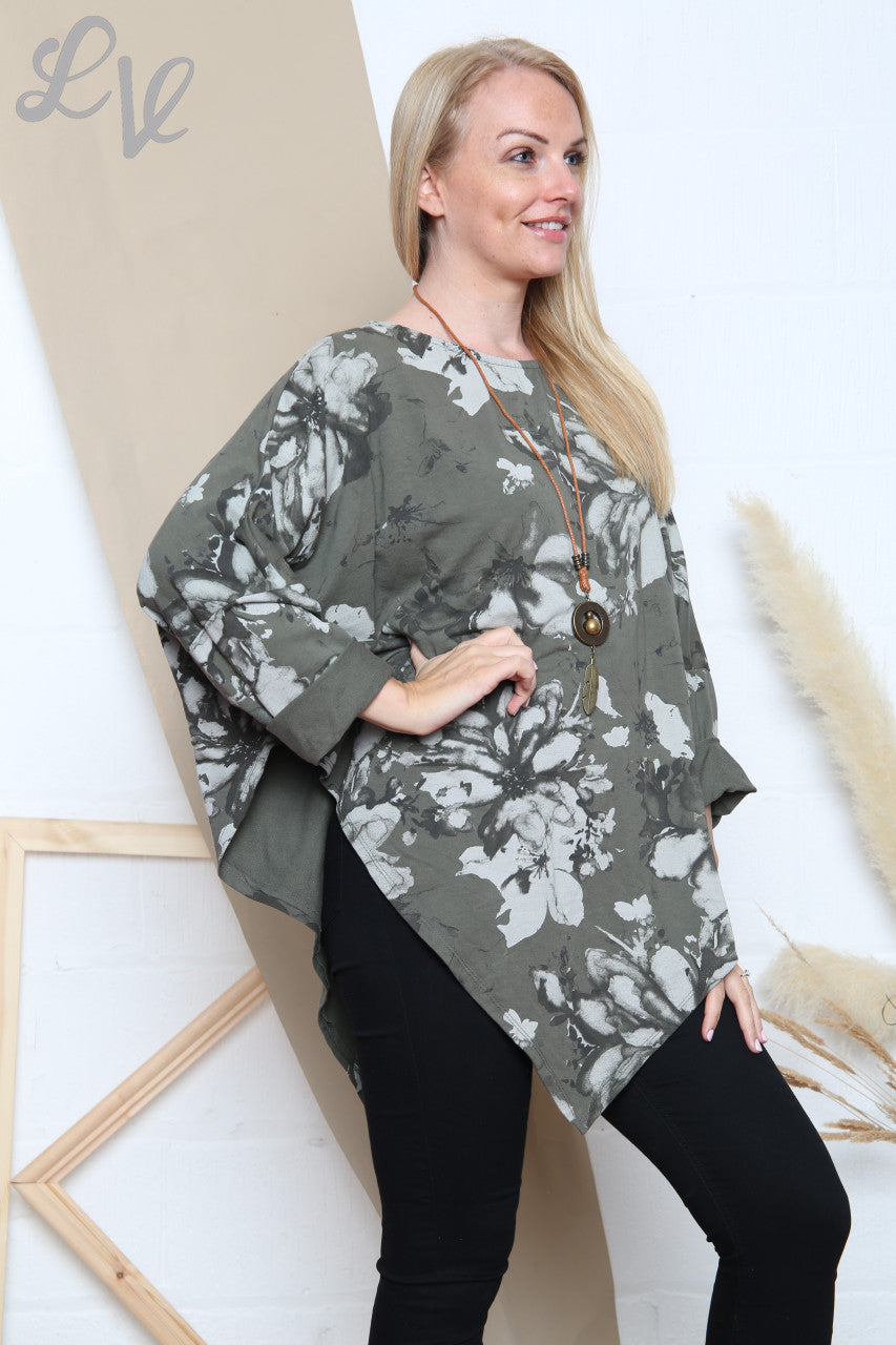 Ladies Asymmetric Hem Floral Abstract Print Top Khaki Unit Price £9.99
