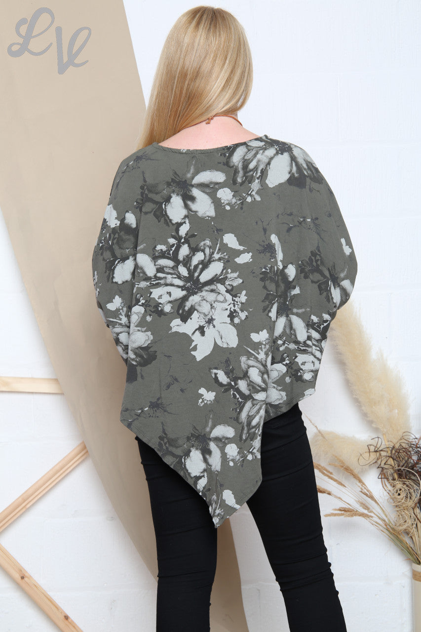 Ladies Asymmetric Hem Floral Abstract Print Top Khaki Unit Price £9.99