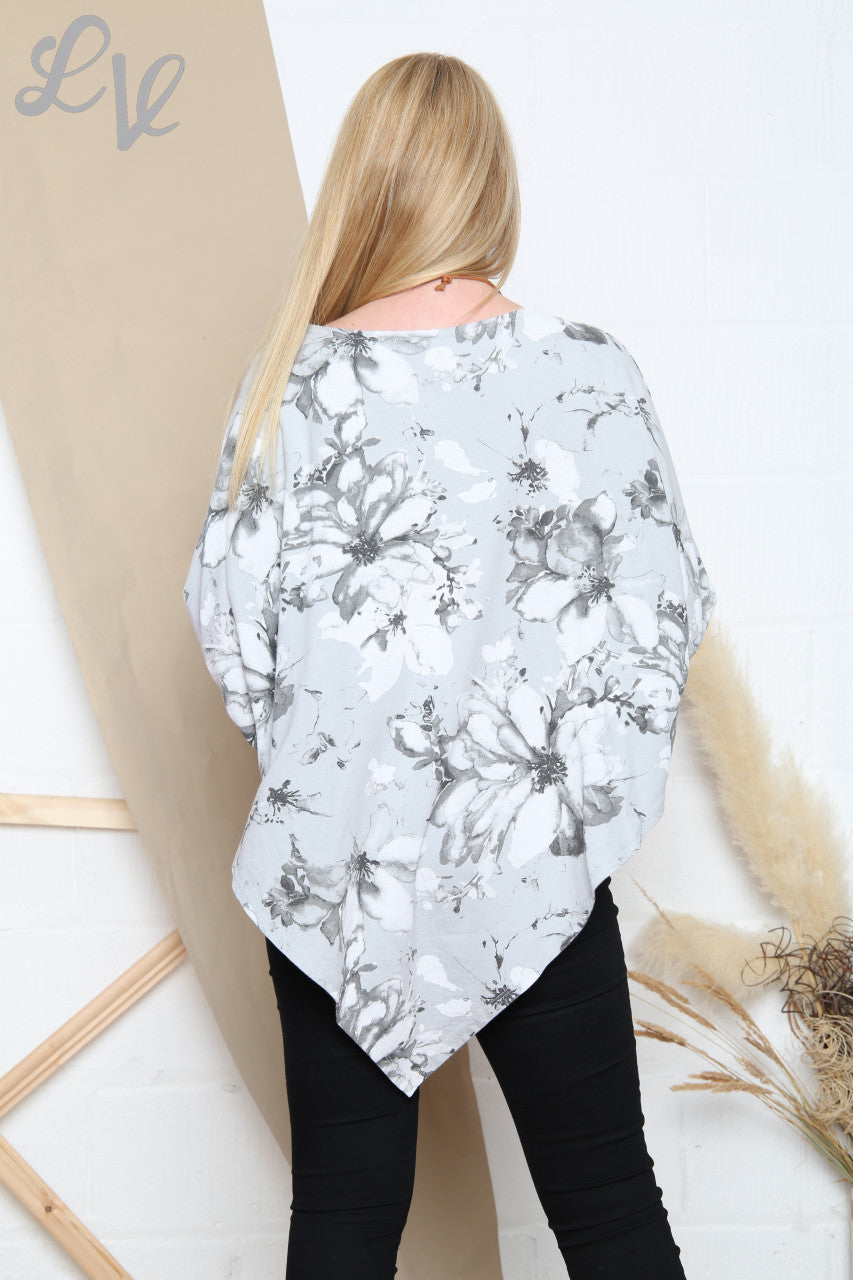 Dames Asymmetrische Zoom Bloemen Abstracte Print Top Zilver Prijs per eenheid € 9,99