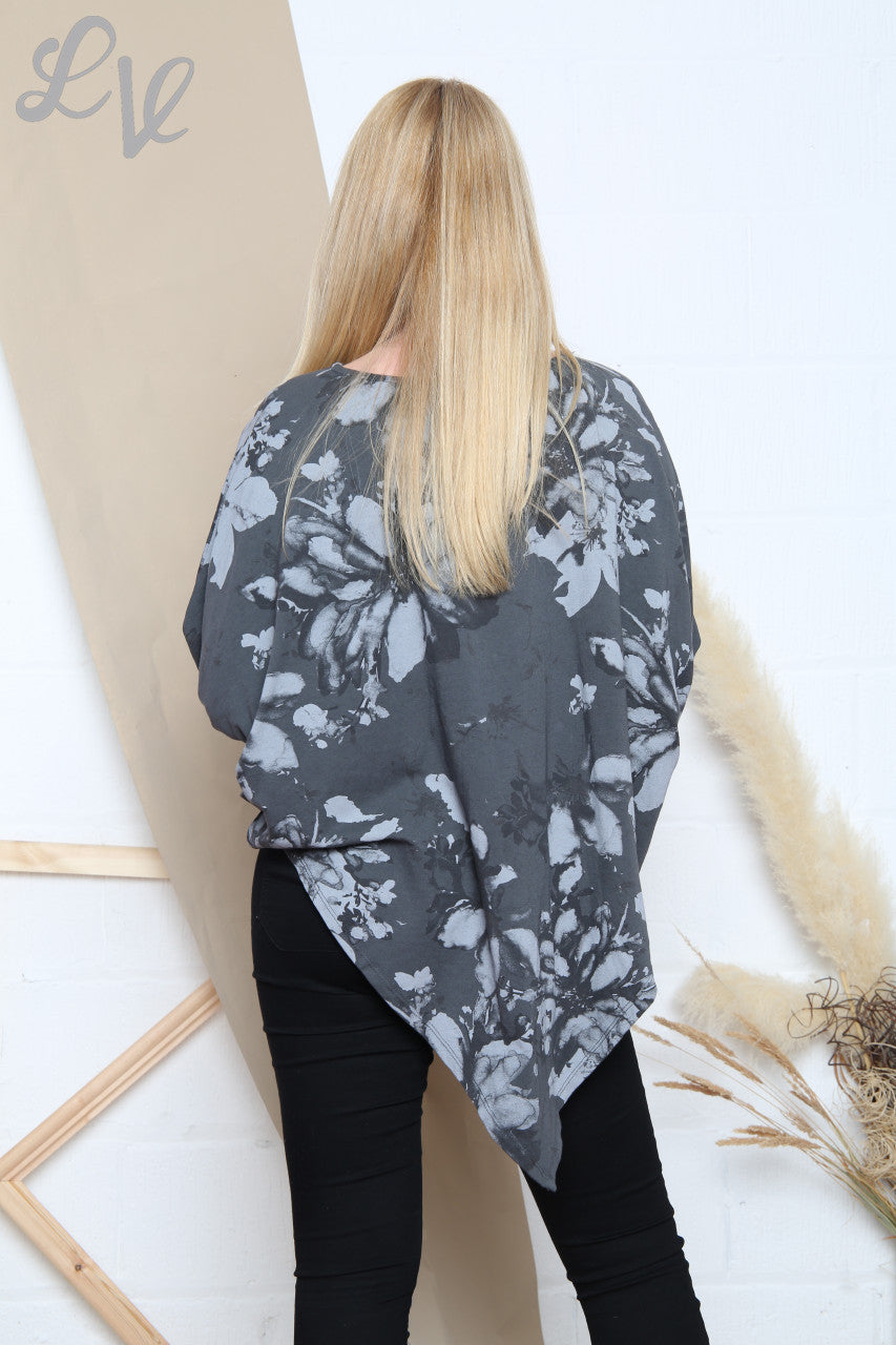 Ladies Asymmetric Hem Floral Abstract Print Top Charcoal Unit Price £9.99