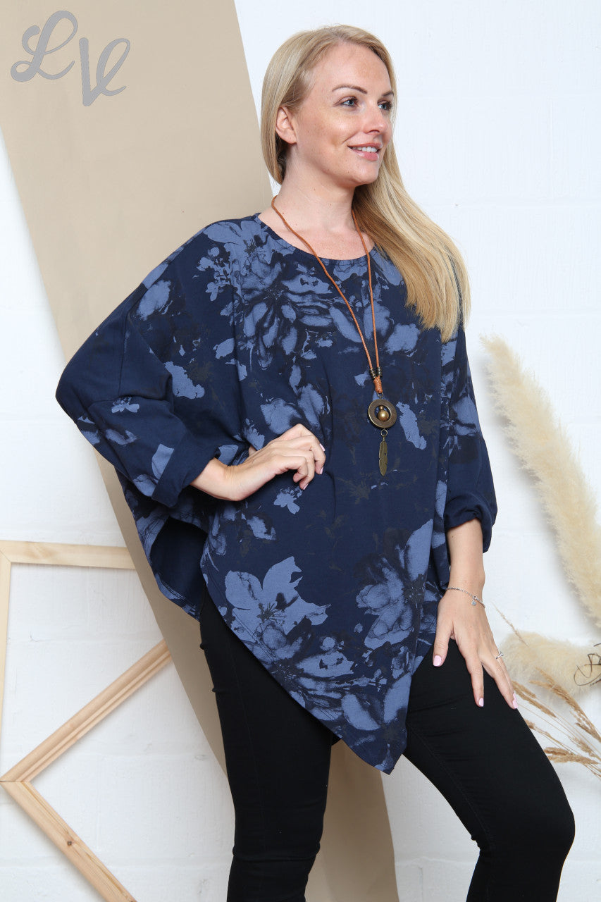 Dames Asymmetrische Zoom Bloemen Abstracte Print Top Marine Prijs per stuk €9,99