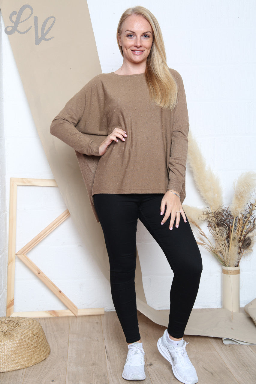Ladies Imprint Detail Fine Knit Jumper Tan Unit Price £14.99