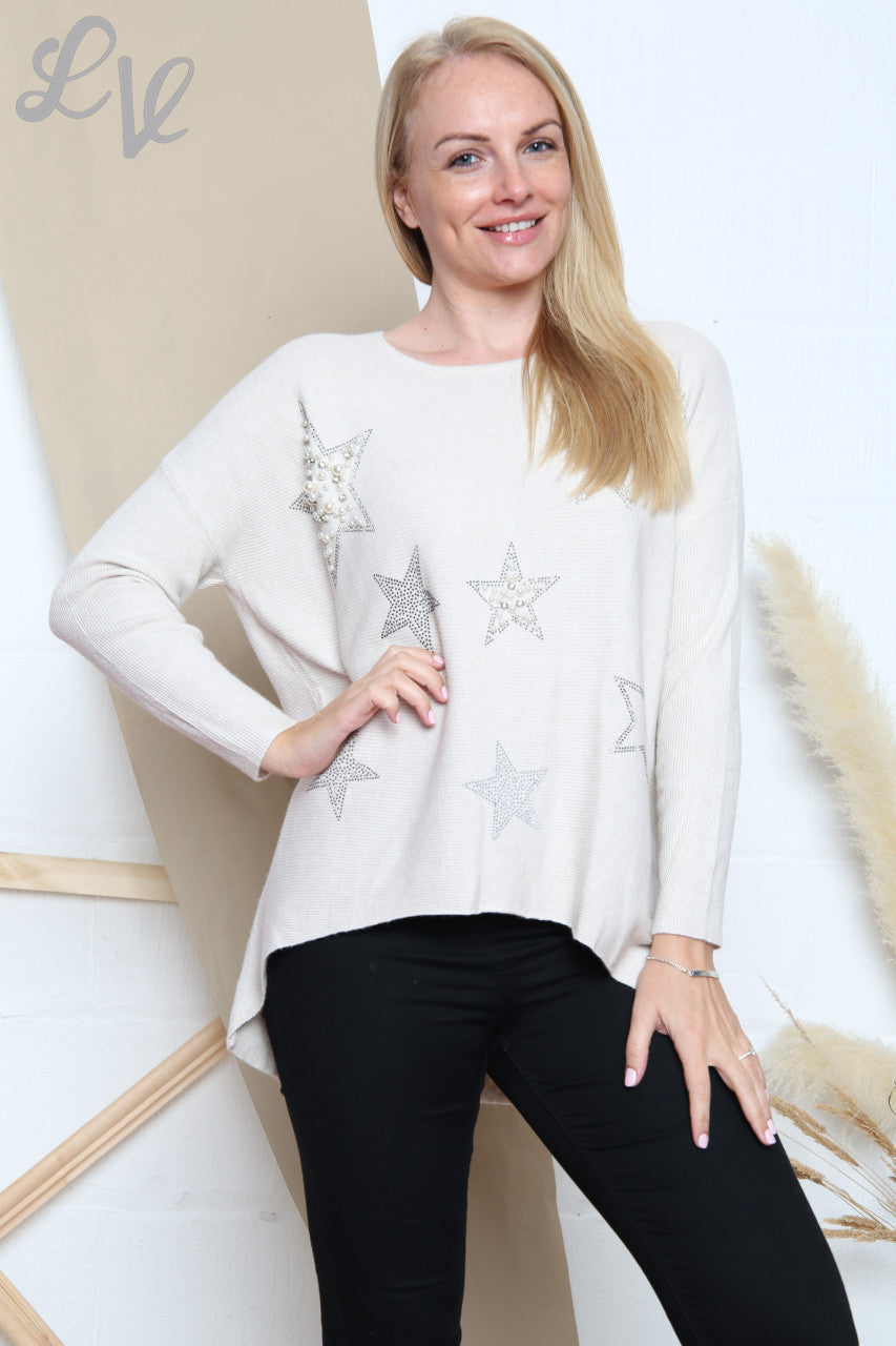 Ladies Sequin Stars Fine Knit Jumper Stone Unit Price £16.99