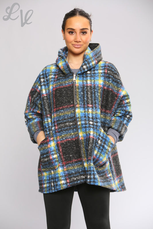 Dames Wollen Mix Geruite Jas met Capuchon Blauw Stukprijs WAS €16,99 NU €9,99