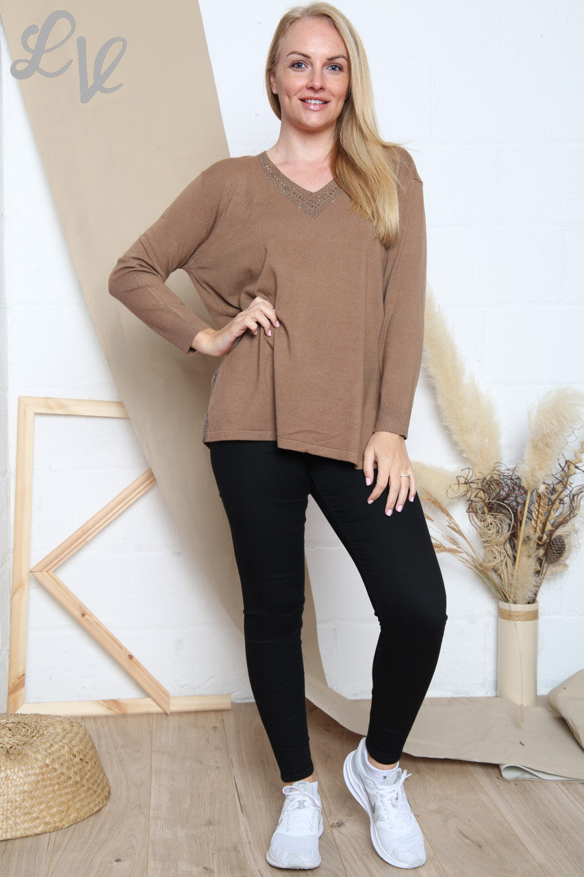 Ladies Sequin Neckline Fine Knit Jumper Tan Unit Price £14.99