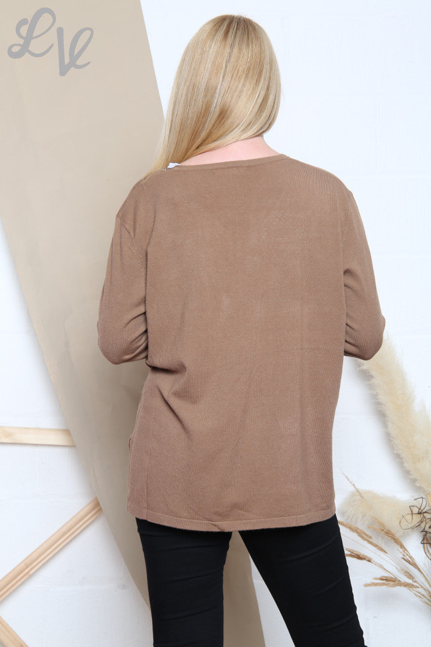 Ladies Sequin Neckline Fine Knit Jumper Tan Unit Price £14.99