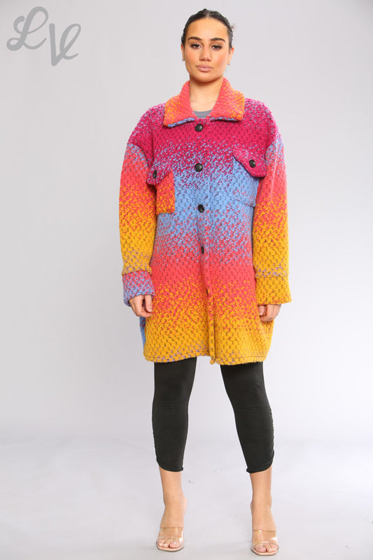 Dames wollen regenboog shacket jas oranje per stuk WAS €16,99 NU €9,99