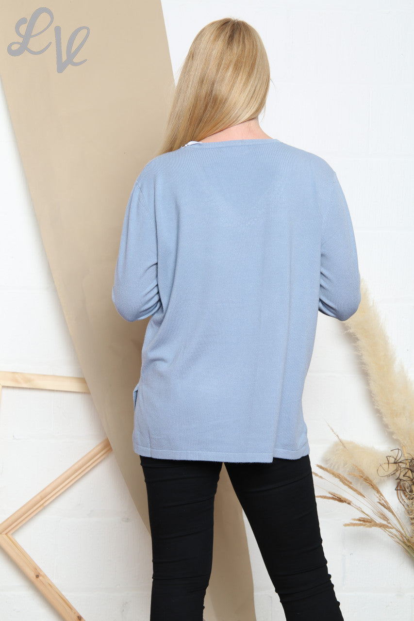 Ladies Sequin Neckline Fine Knit Jumper Denim Unit Price £14.99