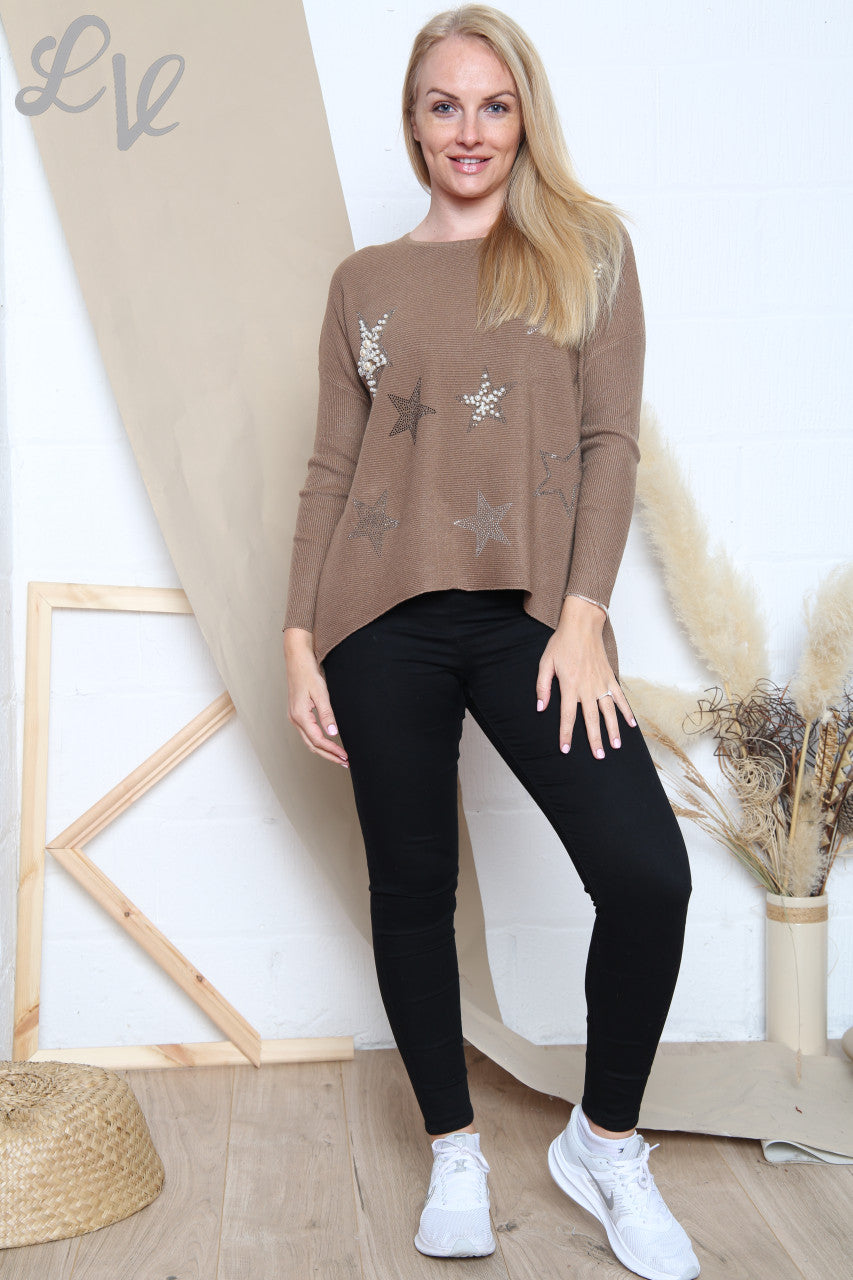 Ladies Sequin Stars Fine Knit Jumper Tan Unit Price £16.99