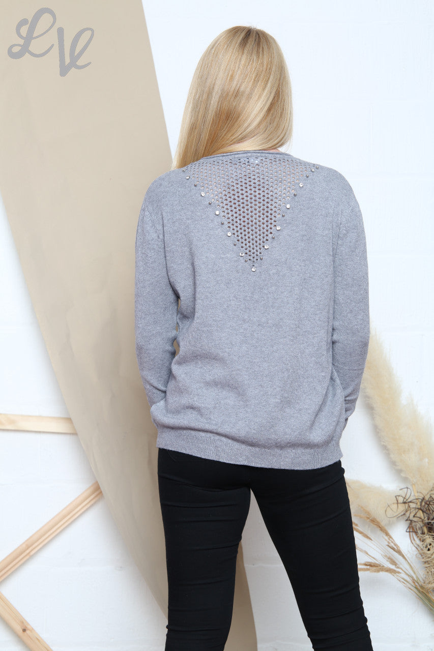 Ladies Sequin Lattice Back Fine Knit Jumper Grey Unit Price £14.99