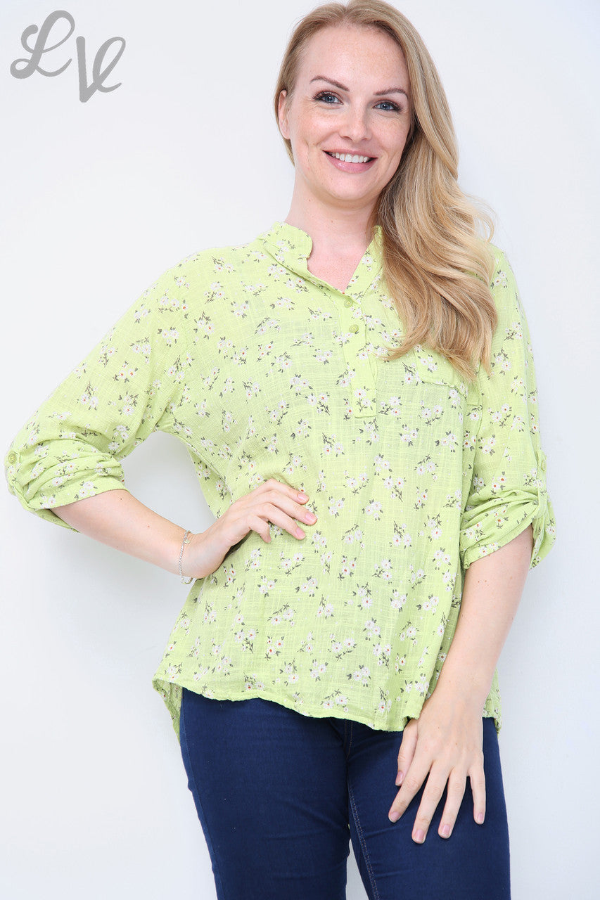 Ladies Ditsy Daisy Print Cotton Grandad Blouse Lime