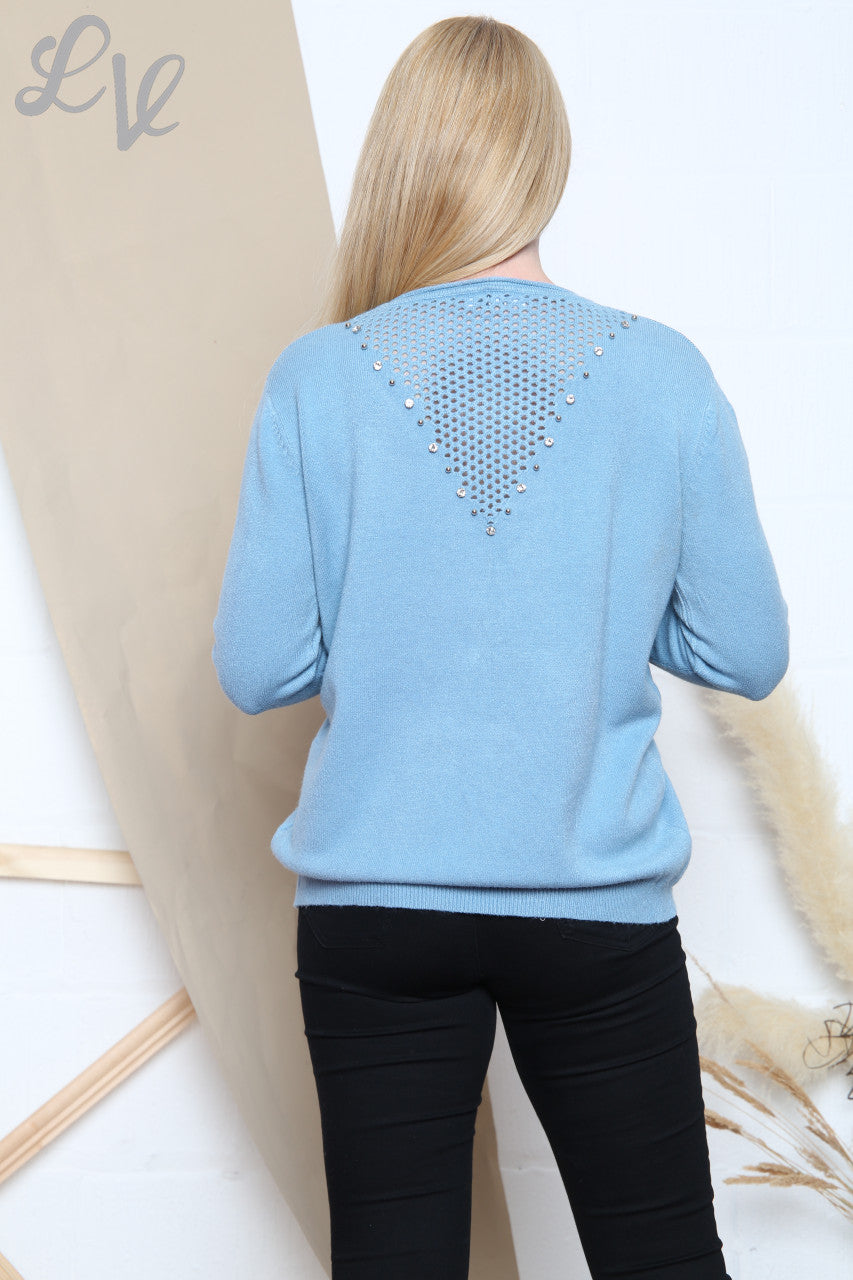 Ladies Sequin Lattice Back Fine Knit Jumper Denim Unit Price WAS £16.99 NOW £7.99