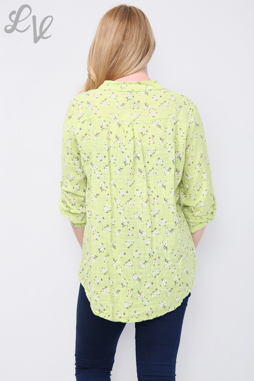 Ladies Ditsy Daisy Print Cotton Grandad Blouse Lime