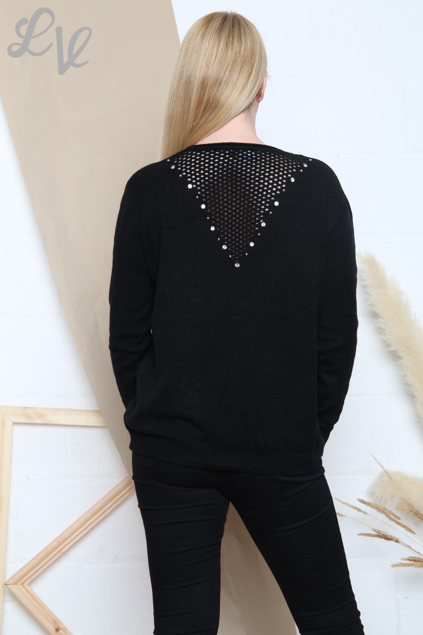 Ladies Sequin Lattice Back Fine Knit Jumper Black Unit Price £14.99