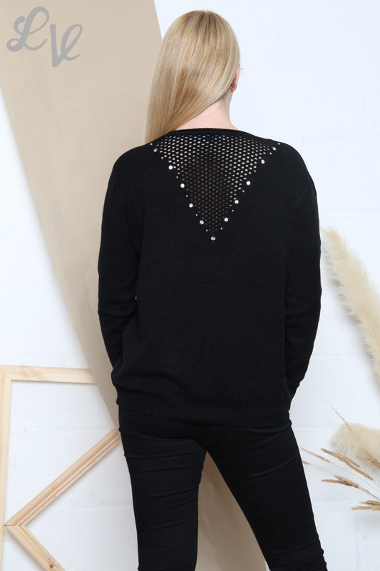 Dames fijngebreide trui met pailletten en latticewerk op de rug, zwart, per stuk £ 14,99