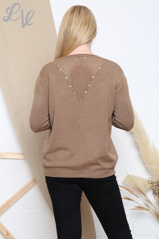 Dames Fijngebreide Trui met Pailletten en Rasterdetail op de Rug Tan Stukprijs WAS €16,99 NU €7,99