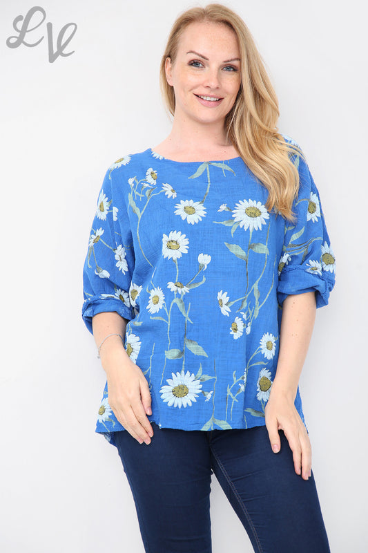 Ladies Daisy Stem Print Top Royal Blue - Unit Price £8.99
