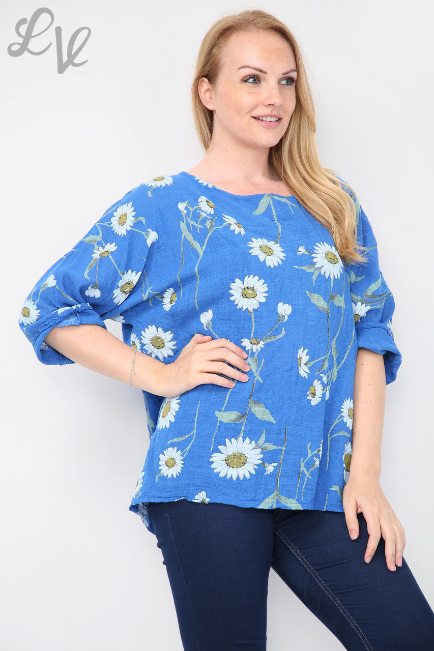 Dames top met madeliefjesprint koningsblauw - Prijs per eenheid €8,99