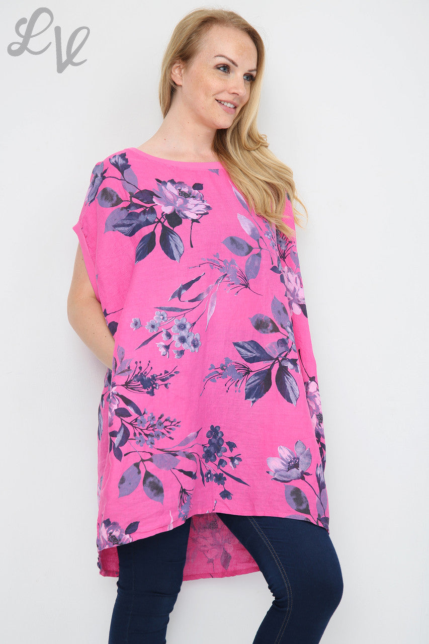 Ladies Floral Leaf Print Tunic Dress Cerise Unit Price £12.99