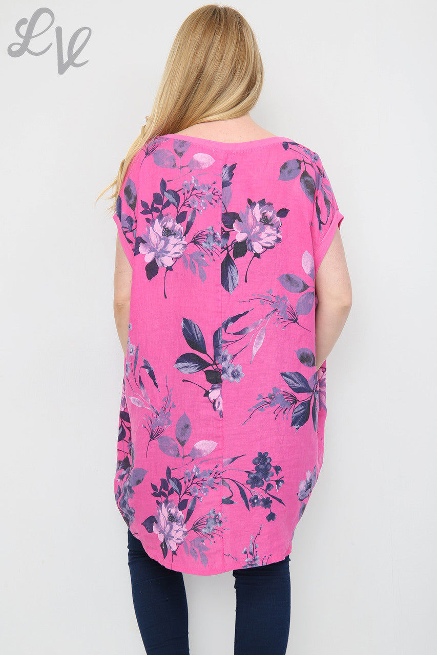 Ladies Floral Leaf Print Tunic Dress Cerise Unit Price £12.99
