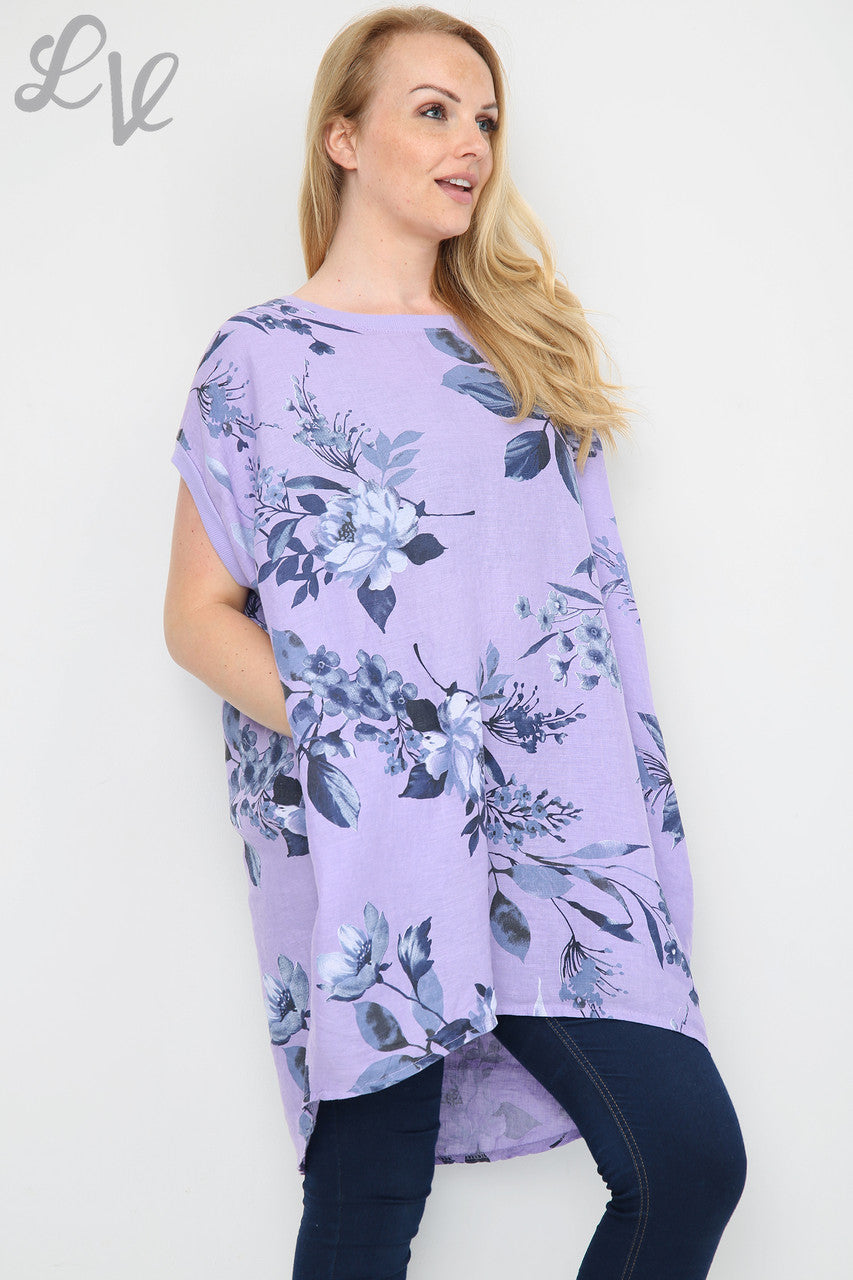 Ladies Floral Leaf Print Tunic Dress Purple Unit Price £12.99