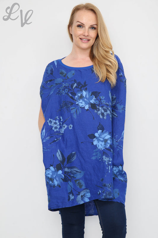 Dames tuniekjurk met bloemen- en bladprint koningsblauw per stuk € 12,99