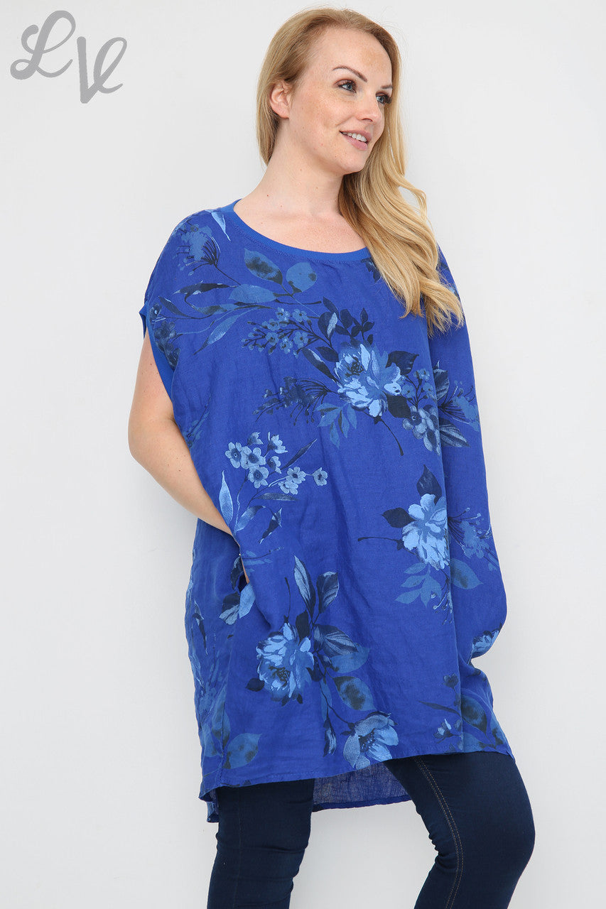 Dames tuniekjurk met bloemen- en bladprint koningsblauw per stuk € 12,99