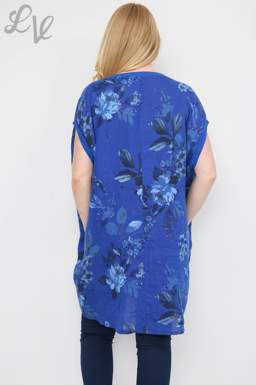 Dames tuniekjurk met bloemen- en bladprint koningsblauw per stuk € 12,99