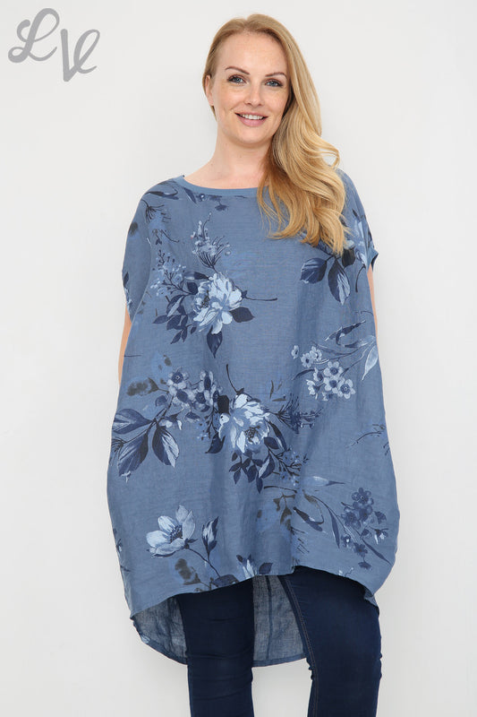Dames tuniekjurk met bloemen- en bladprint, denim, eenheidsprijs £ 12,99