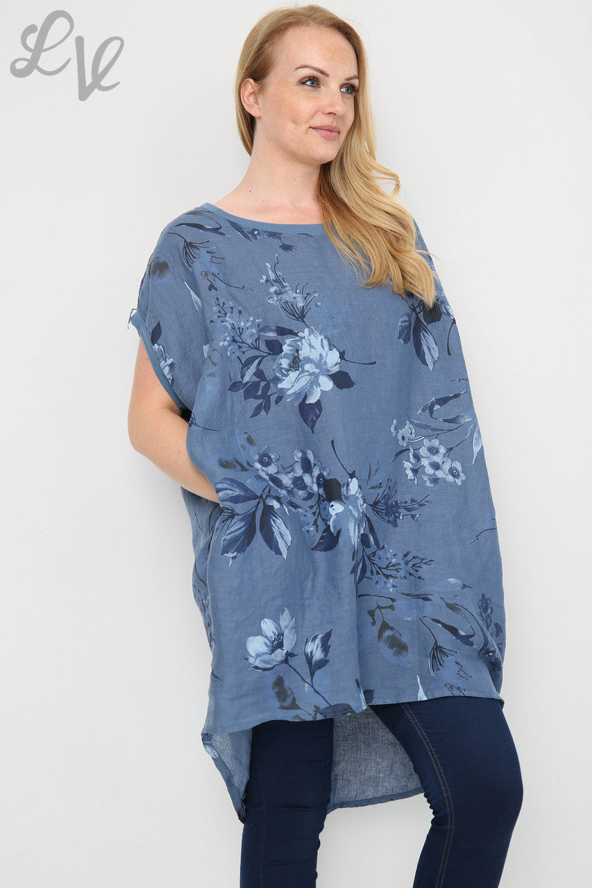 Dames tuniekjurk met bloemen- en bladprint, denim, eenheidsprijs £ 12,99