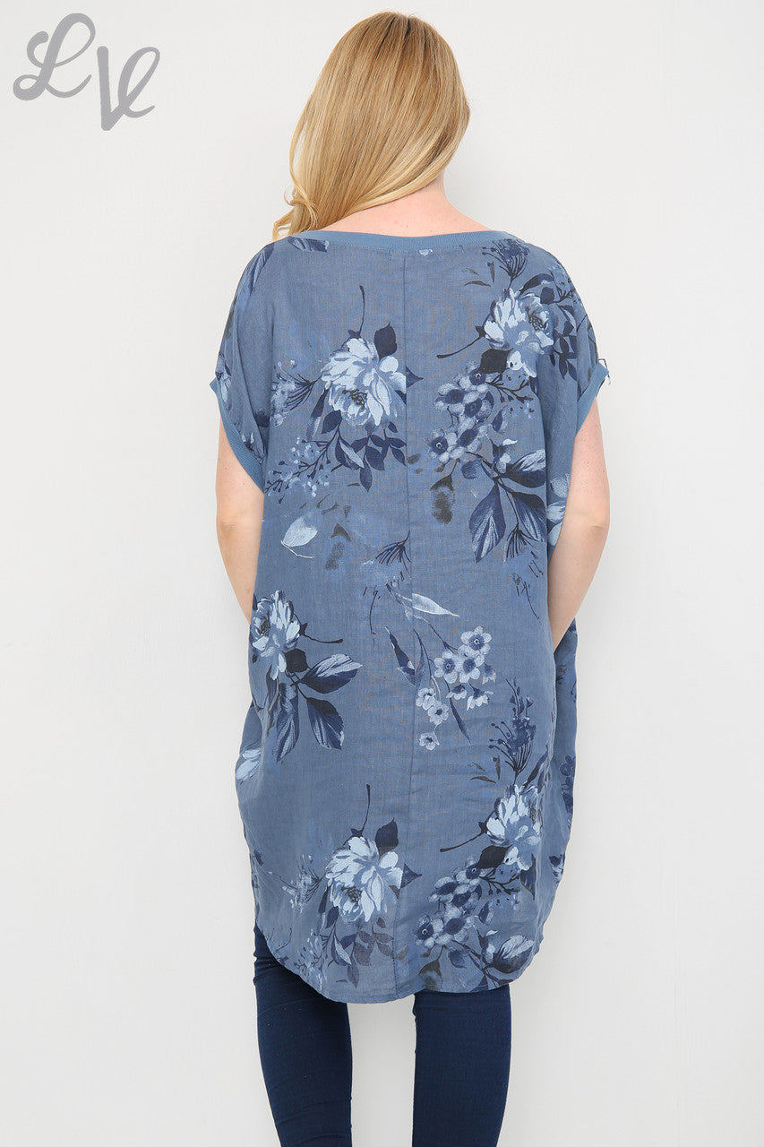 Dames tuniekjurk met bloemen- en bladprint, denim, eenheidsprijs £ 12,99