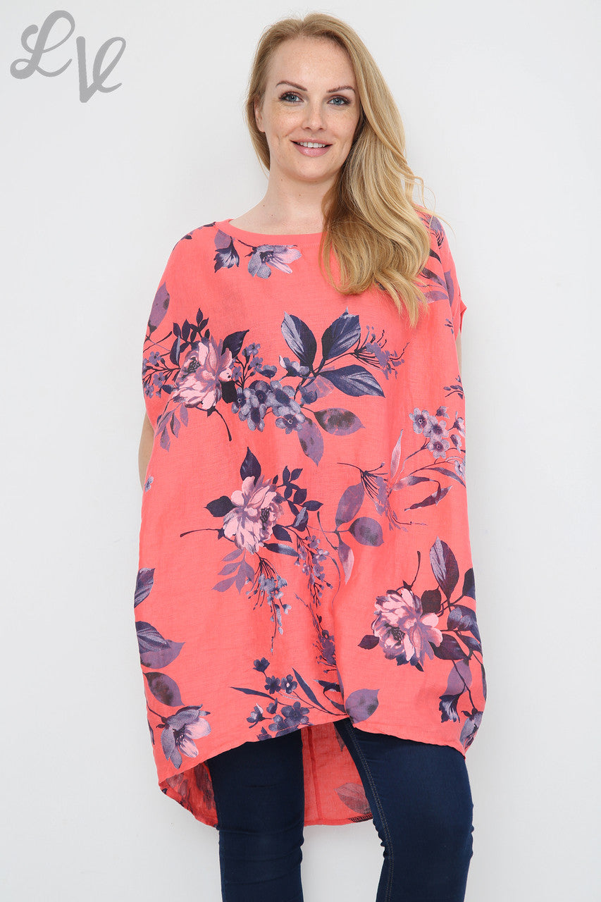 Ladies Floral Leaf Print Tunic Dress Coral Unit Price £12.99