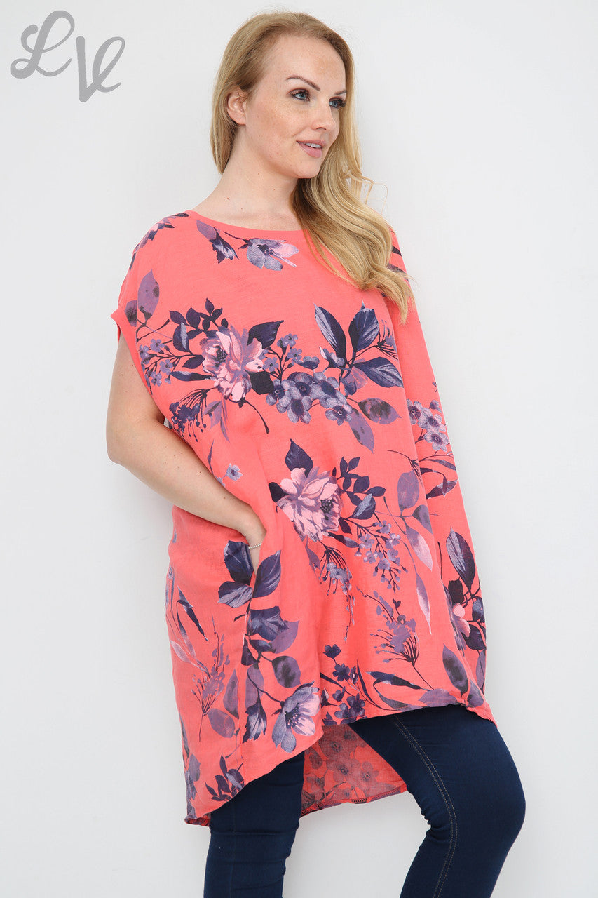 Ladies Floral Leaf Print Tunic Dress Coral Unit Price £12.99