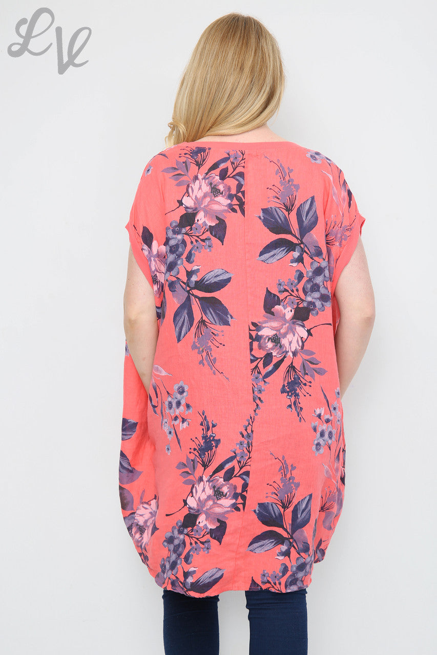 Ladies Floral Leaf Print Tunic Dress Coral Unit Price £12.99
