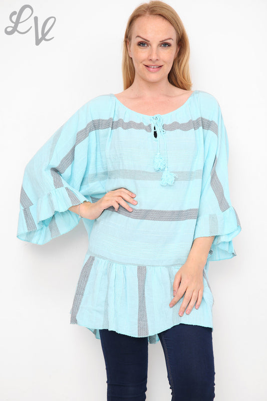 Dames gestreepte Boho Tuniek Jurk/Top Hemelsblauw Stukprijs €13,99