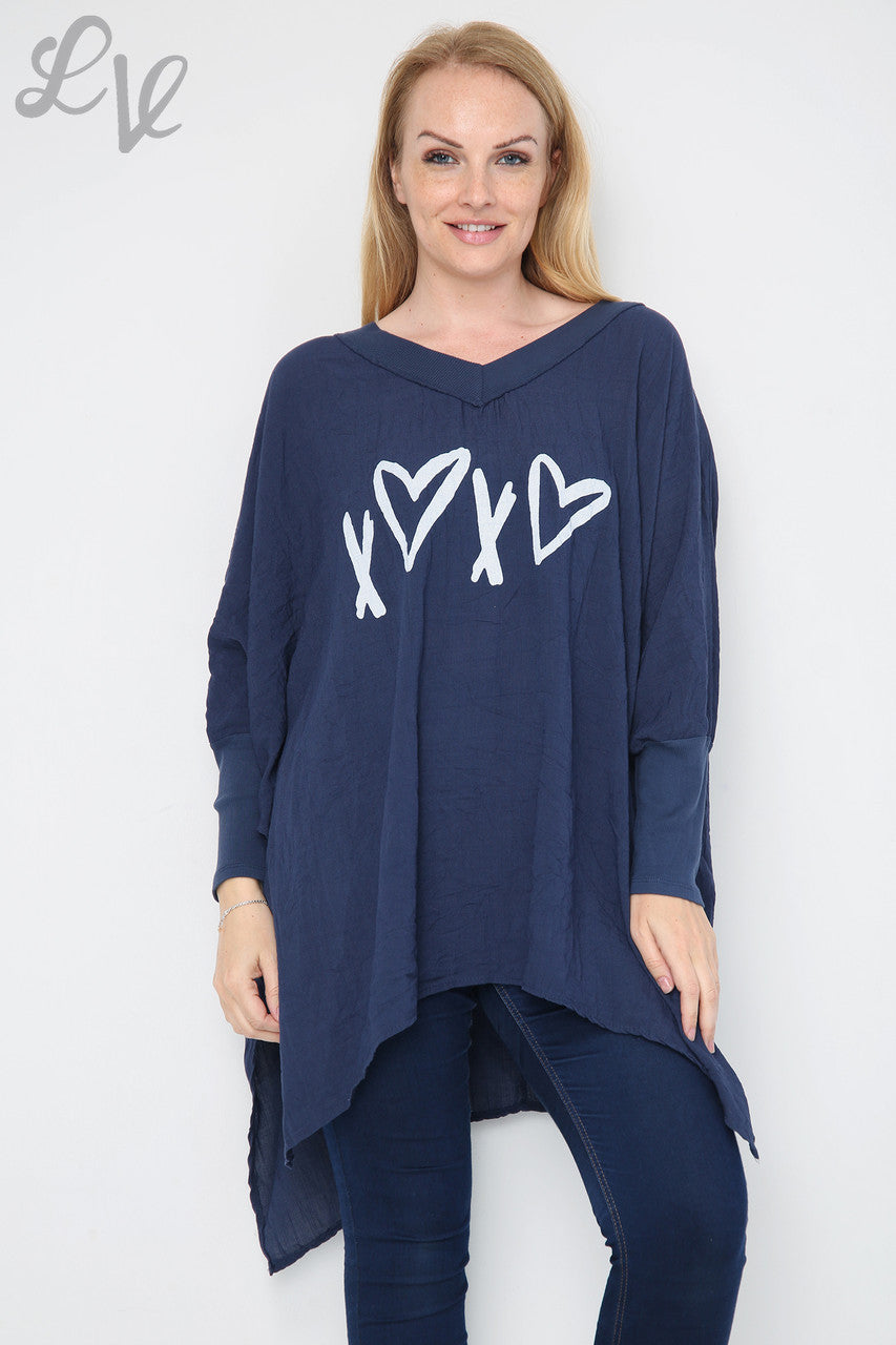Damesliefde Hart & Kruis Graphic Batwing Top Marineblauw - Eenheidsprijs €9,99