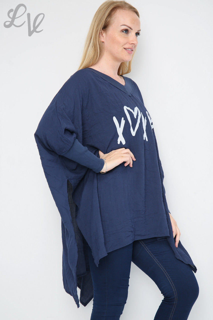 Damesliefde Hart & Kruis Graphic Batwing Top Marineblauw - Eenheidsprijs €9,99