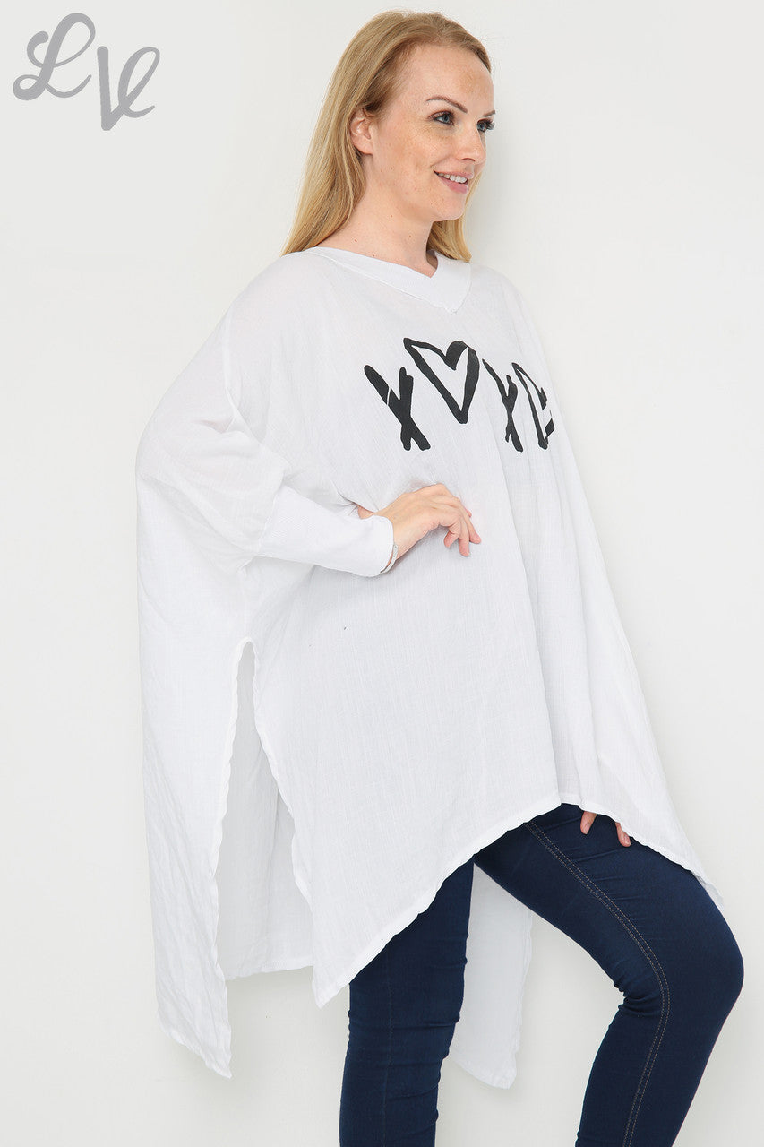 Dames Liefde Hart & Kruis Graphic Vleermuismouw Top Wit - Prijs per stuk £9,99