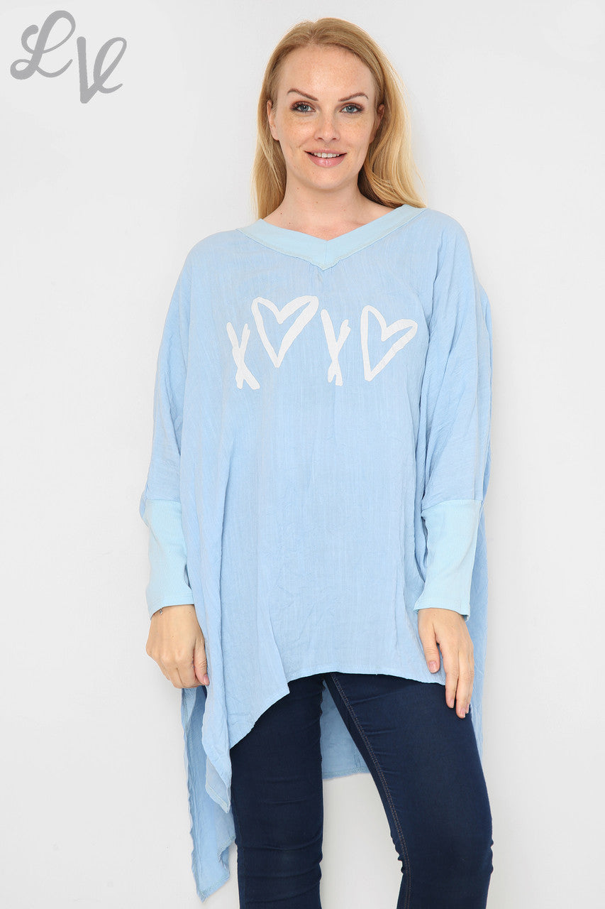 Damesliefde Hart & Kruis Grafisch Vleermuismouw Top Lichtblauw - Stukprijs €9,99