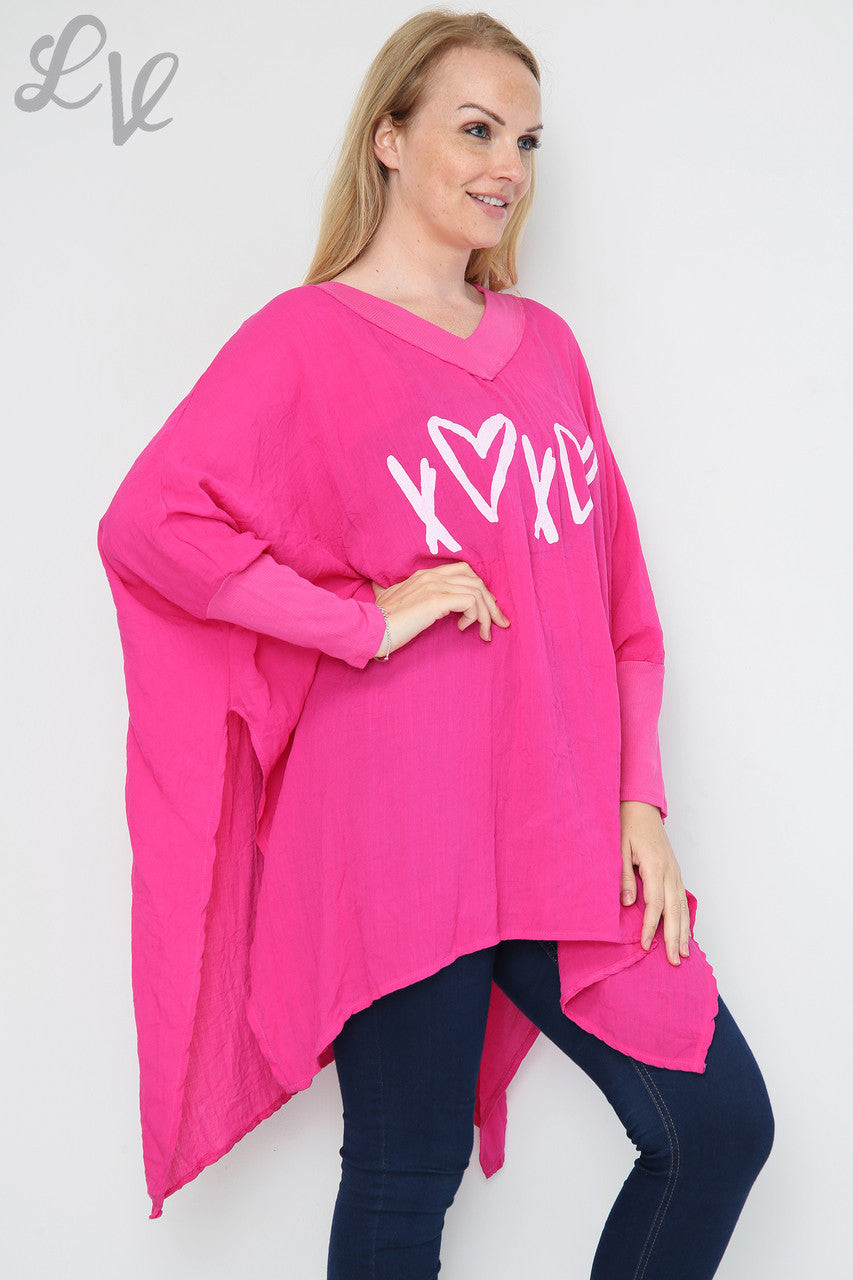 Ladies Love Heart & Cross Graphic Batwing Top Cerise - Unit Price £9.99