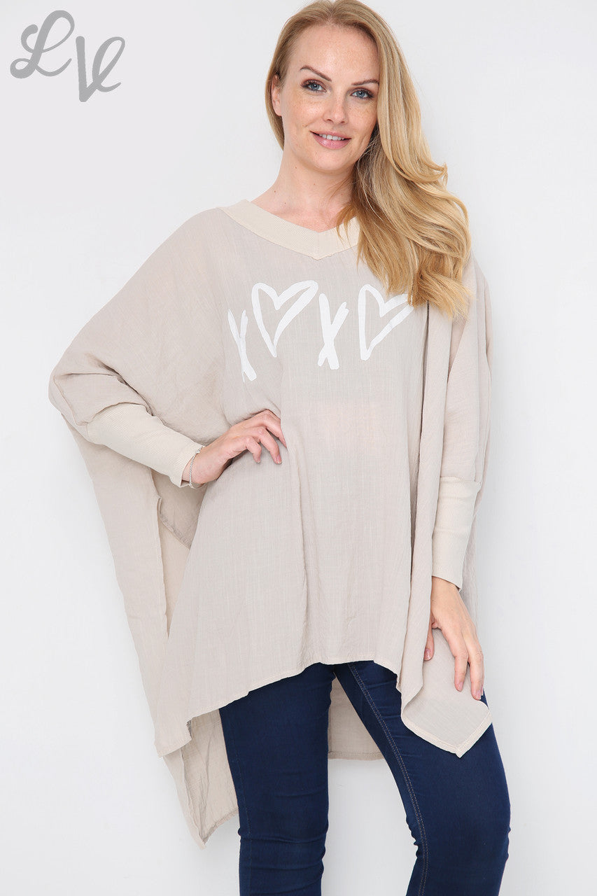 Dames Hart & Kruis Graphic Vleermuismouw Top Steen - Prijs per stuk € 9,99