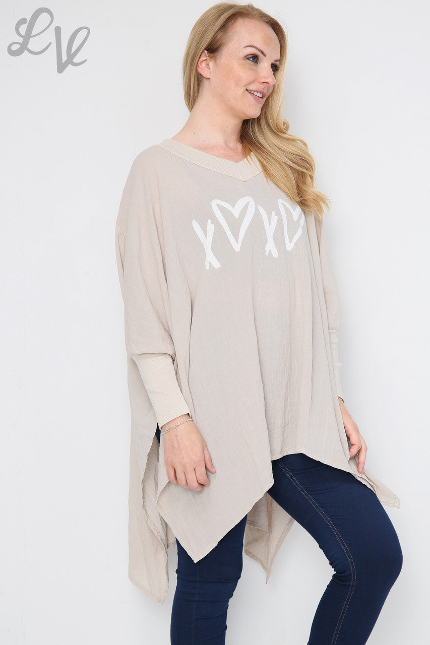 Dames Hart & Kruis Graphic Vleermuismouw Top Steen - Prijs per stuk € 9,99