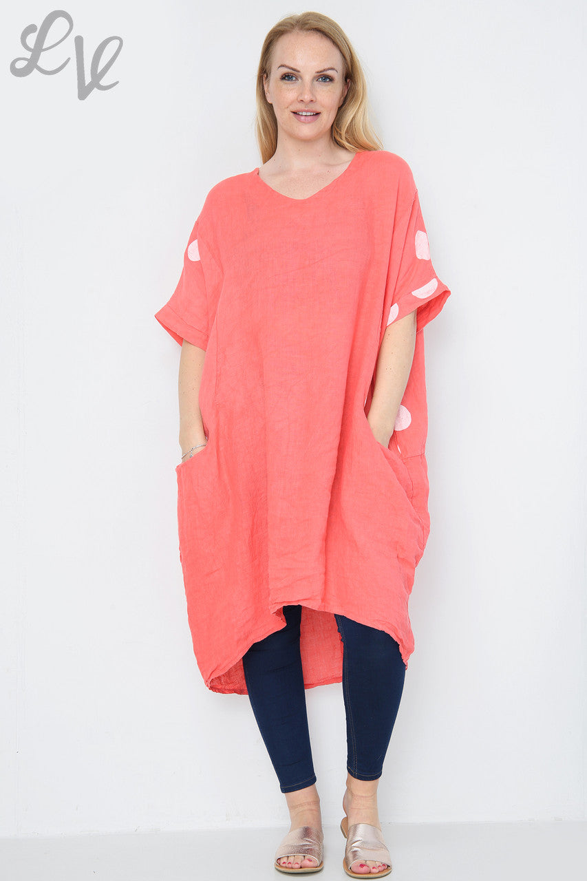 Ladies Polka Dot Linen Tunic Dress Coral Unit Price £14.99