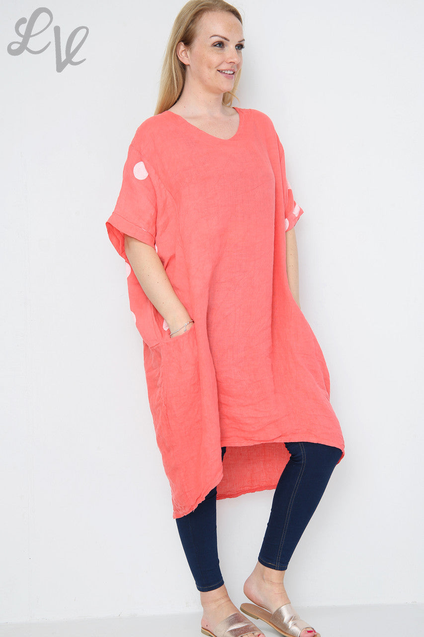 Ladies Polka Dot Linen Tunic Dress Coral Unit Price £14.99