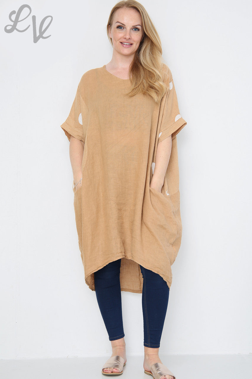 Dames Linnen Tuniekjurk met Stippen Tan Stukprijs € 14,99