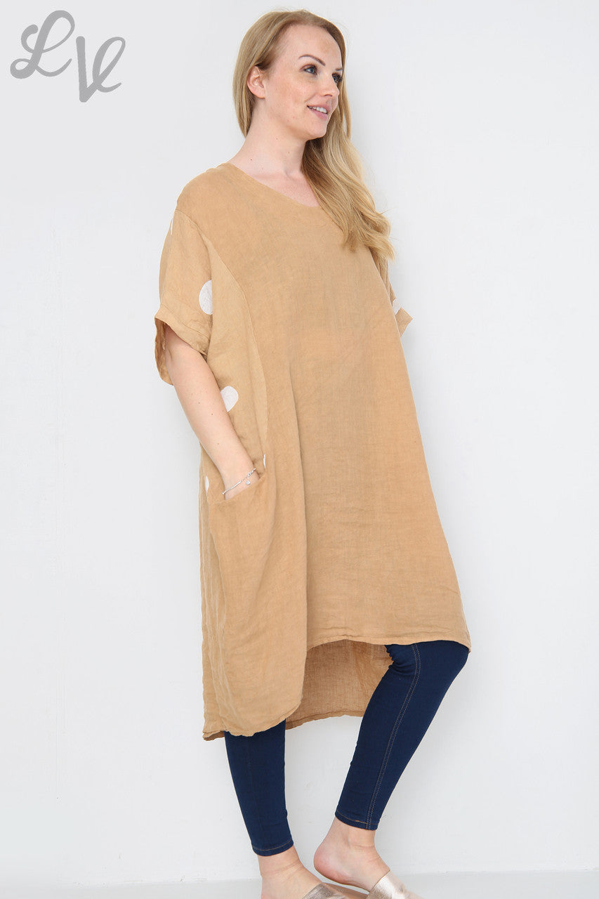 Dames Linnen Tuniekjurk met Stippen Tan Stukprijs € 14,99