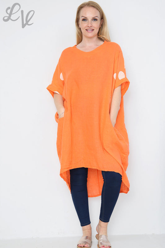 Dames Polkadot Linnen Tuniekjurk Oranje Prijs per eenheid € 14,99