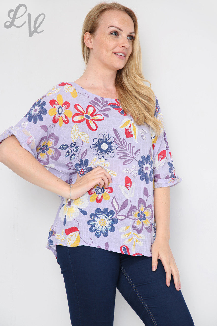 Dames kleurrijke top met bloemenprint paars Stukprijs £9,99